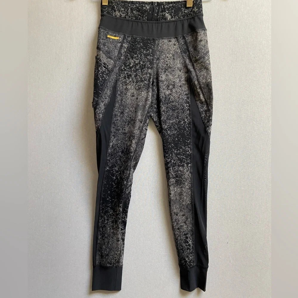 Lole Splatter Black Mesh Jogger Leggings High Waisted Acid Wash Athletic Sz XS